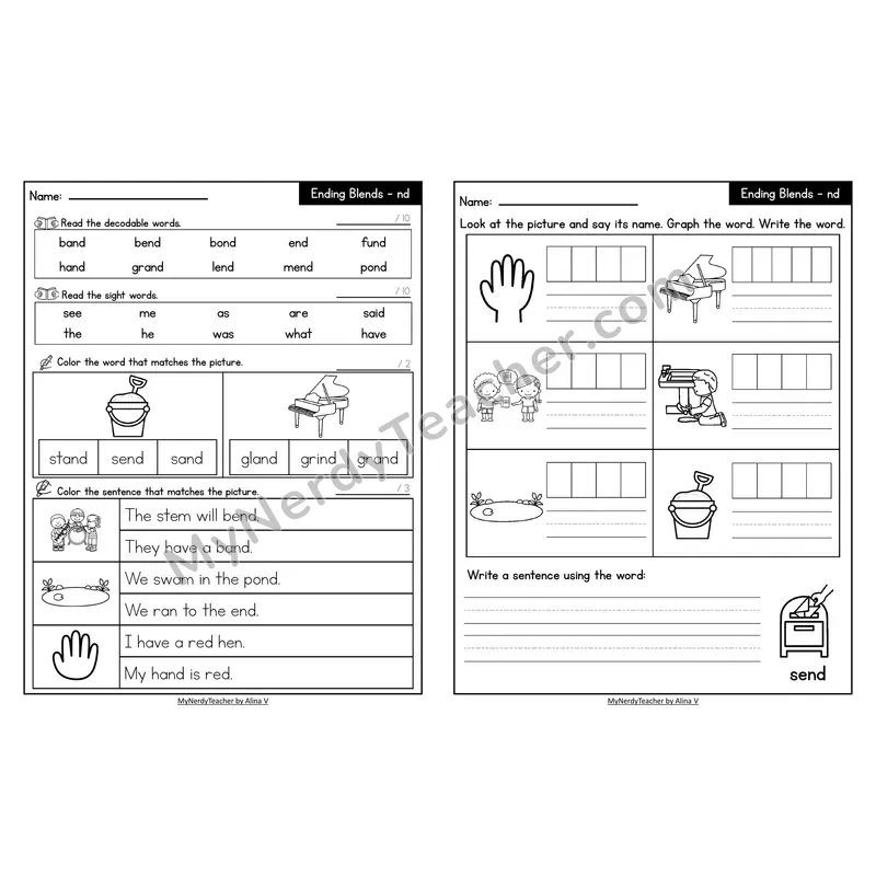 Decodable Look-Alike Words and Sentences Worksheet — -nd Ending Blend
