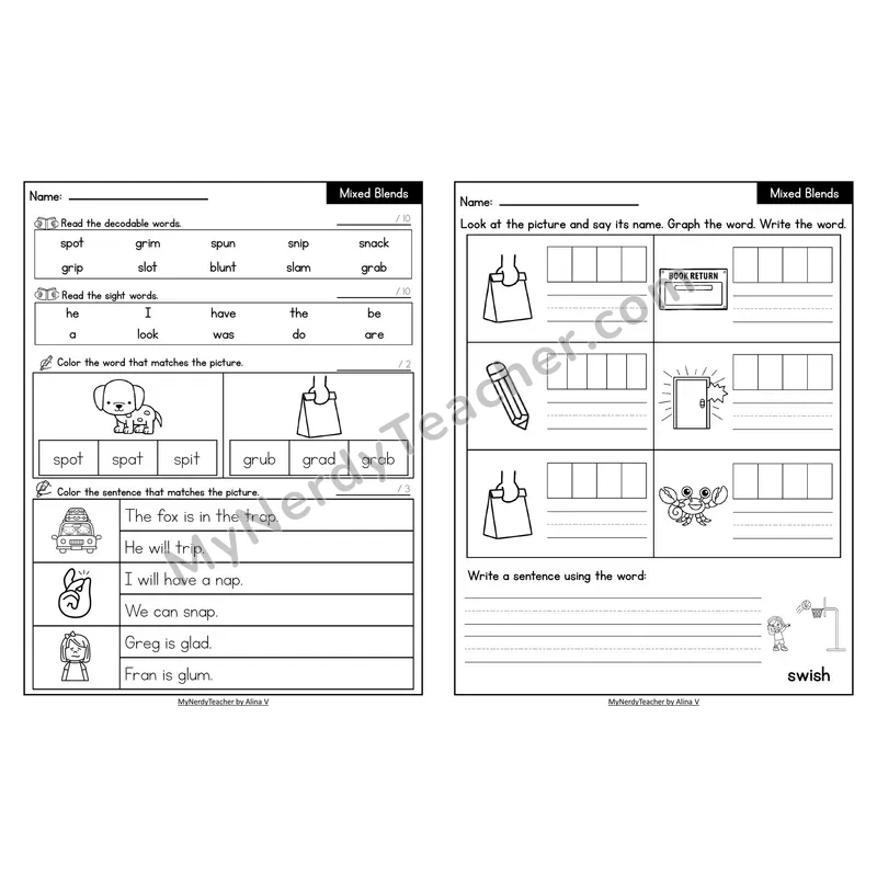 Decodable Look-Alike Words and Sentences Worksheet — Mixed Consonant Blends