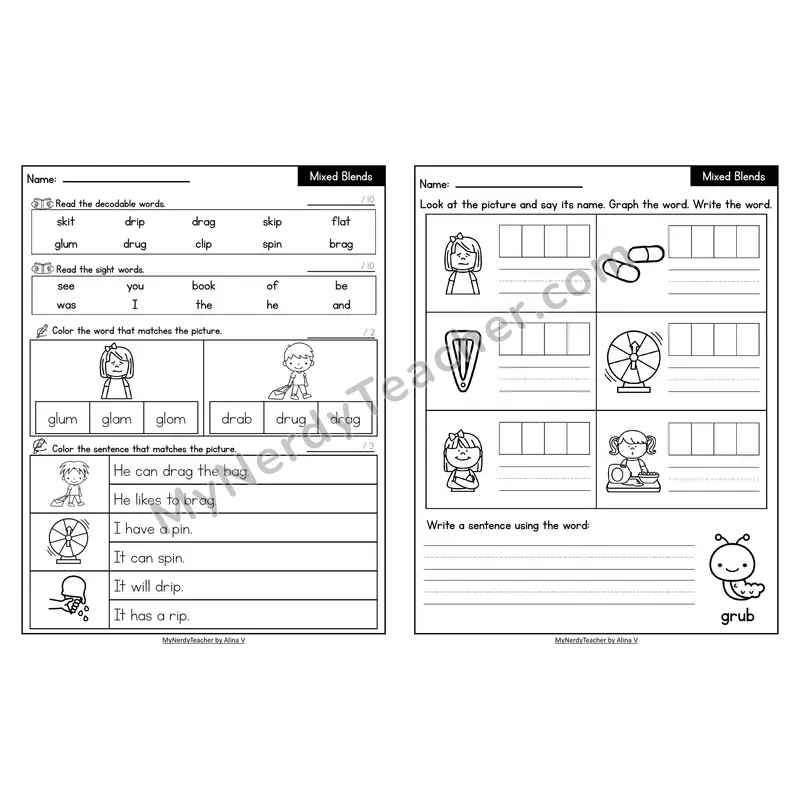 Decodable Look-Alike Words and Sentences Worksheet — Mixed Consonant Blends