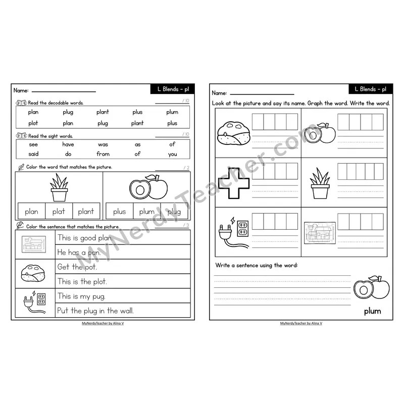 Decodable Look-Alike Words and Sentences Worksheet — pl L Blend