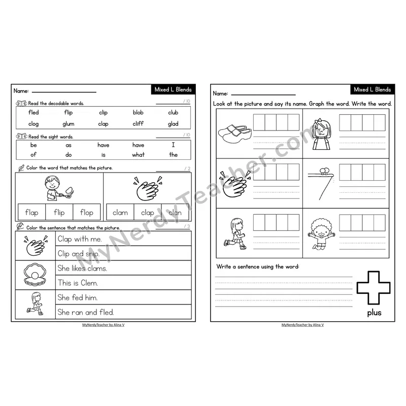 Decodable Look-Alike Words and Sentences Worksheet — Mixed L Blends