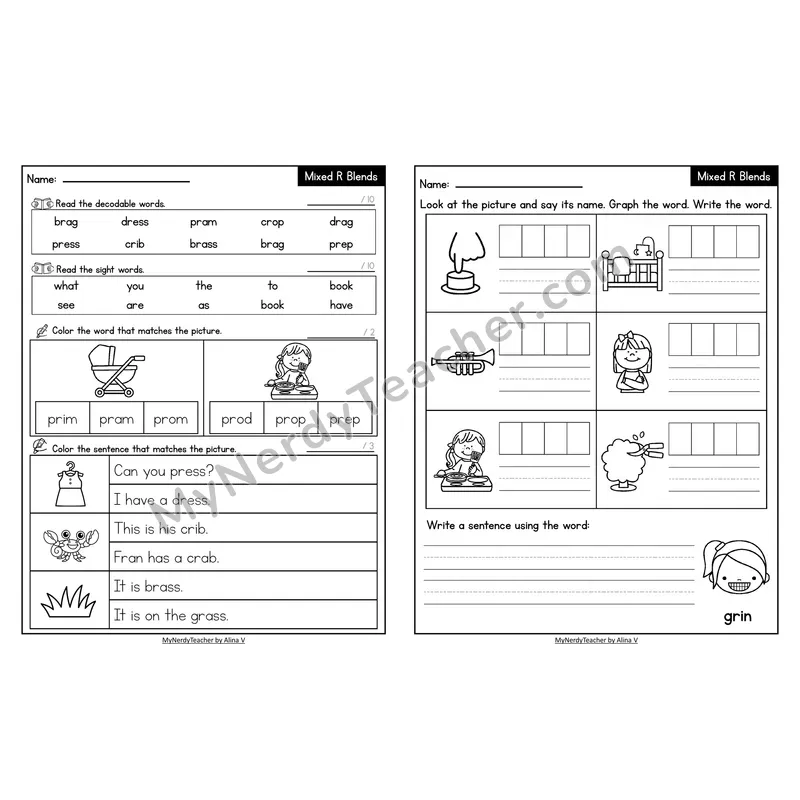 Decodable Look-Alike Words and Sentences Worksheet — Mixed R Blends