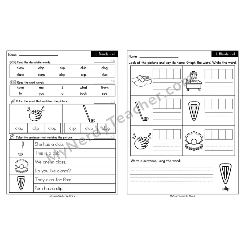 Decodable Look-Alike Words and Sentences Worksheet — cl L Blend