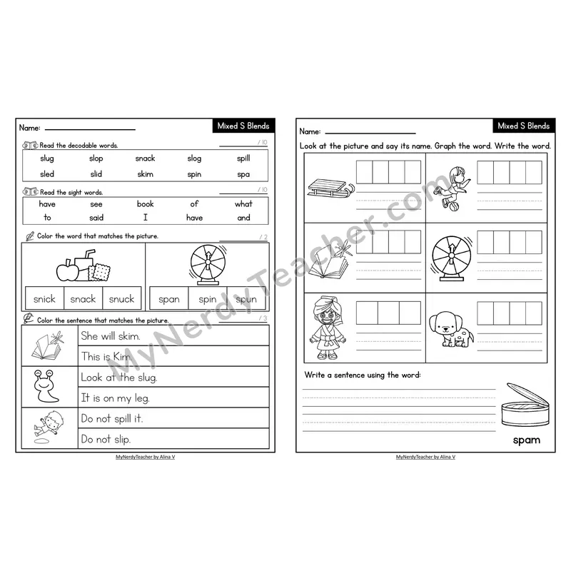 Decodable Look-Alike Words and Sentences Worksheet — Mixed S Blends