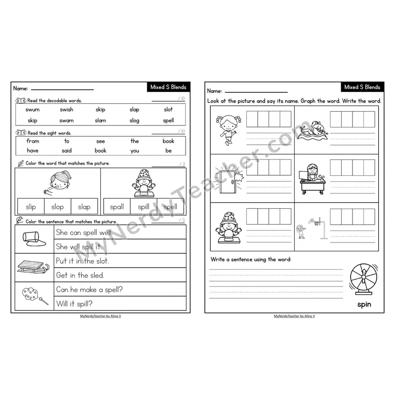 Decodable Look-Alike Words and Sentences Worksheet — Mixed S Blends