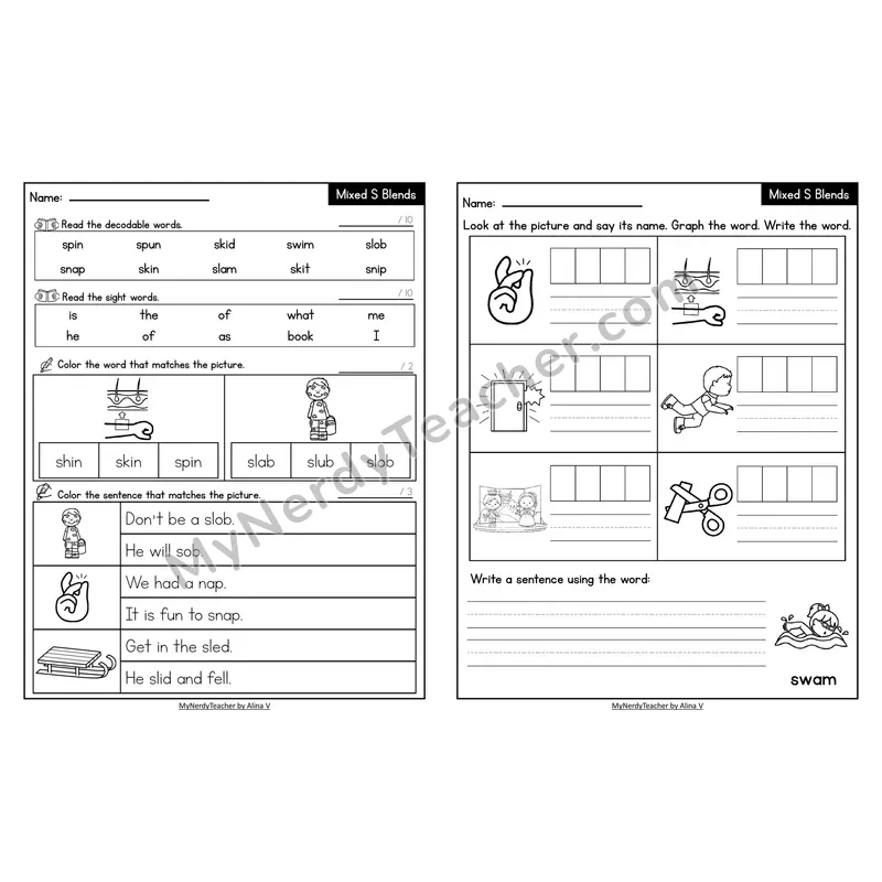 Decodable Look-Alike Words and Sentences Worksheet — Mixed S Blends