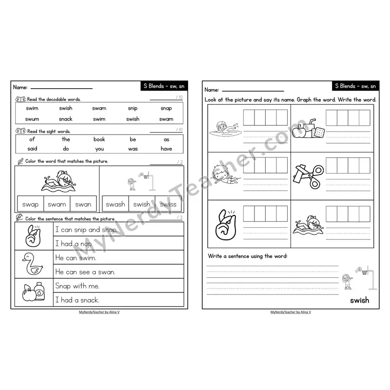 Decodable Look-Alike Words and Sentences Worksheet — sw S Blend