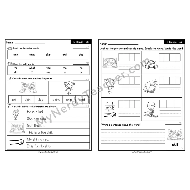 Decodable Look-Alike Words and Sentences Worksheet — sk S Blend
