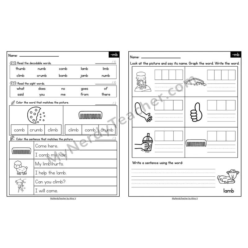 Decodable Look-Alike Words and Sentences Worksheet — mb Silent Letter