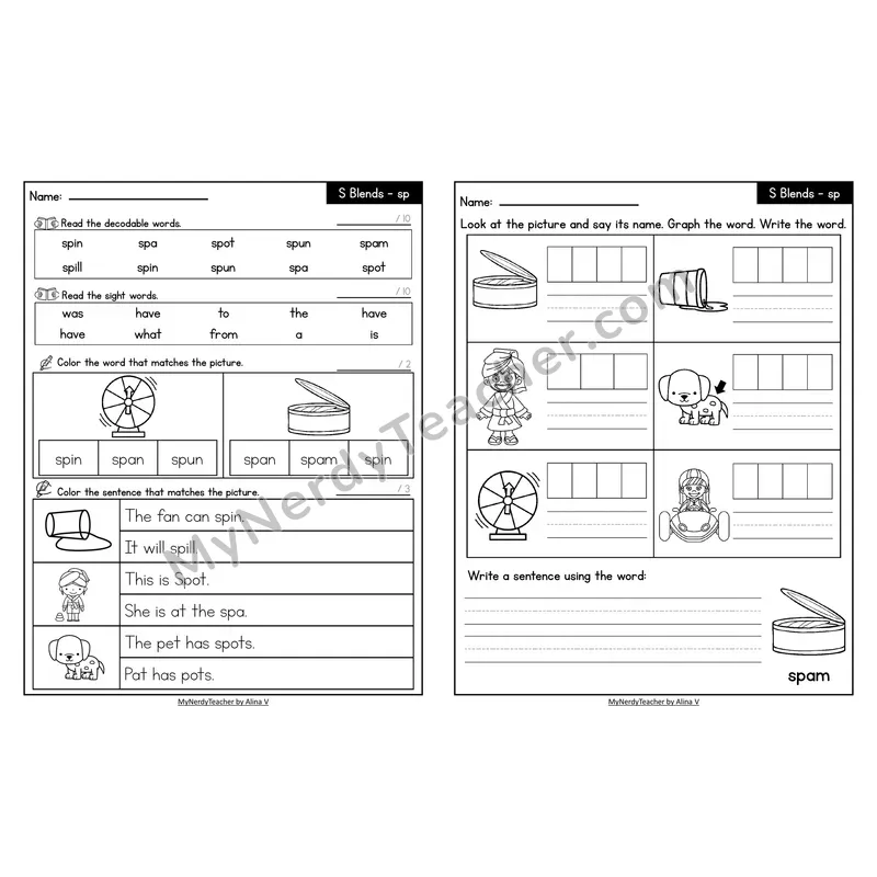 Decodable Look-Alike Words and Sentences Worksheet — sp S Blend