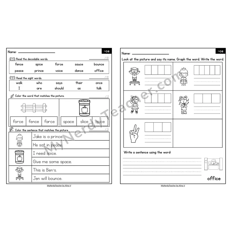 Decodable Look-Alike Words and Sentences Worksheet — _ce Soft c Ending