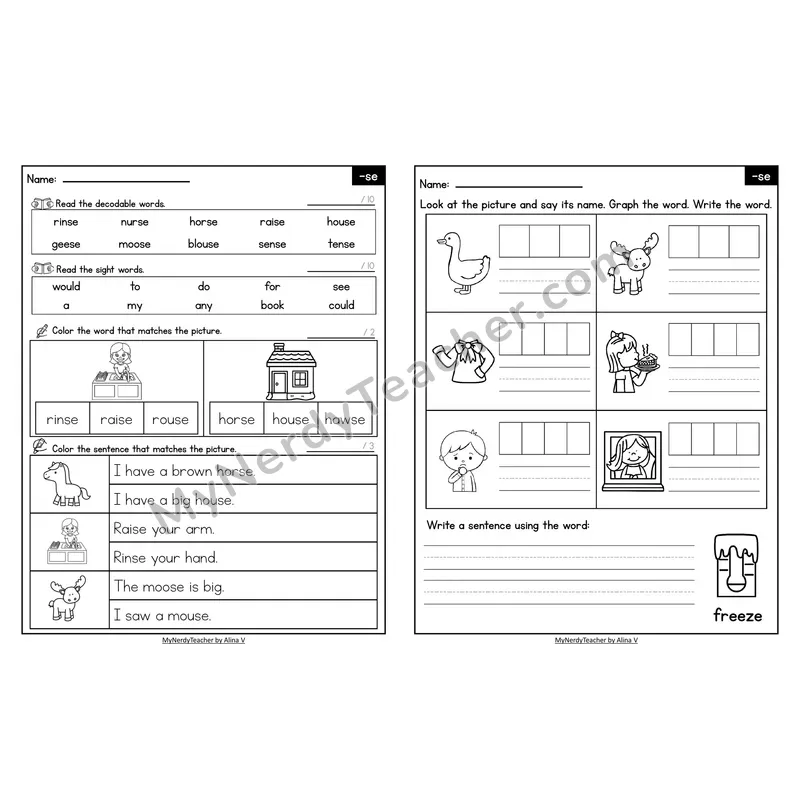 Decodable Look-Alike Words and Sentences Worksheet — -se Word Ending