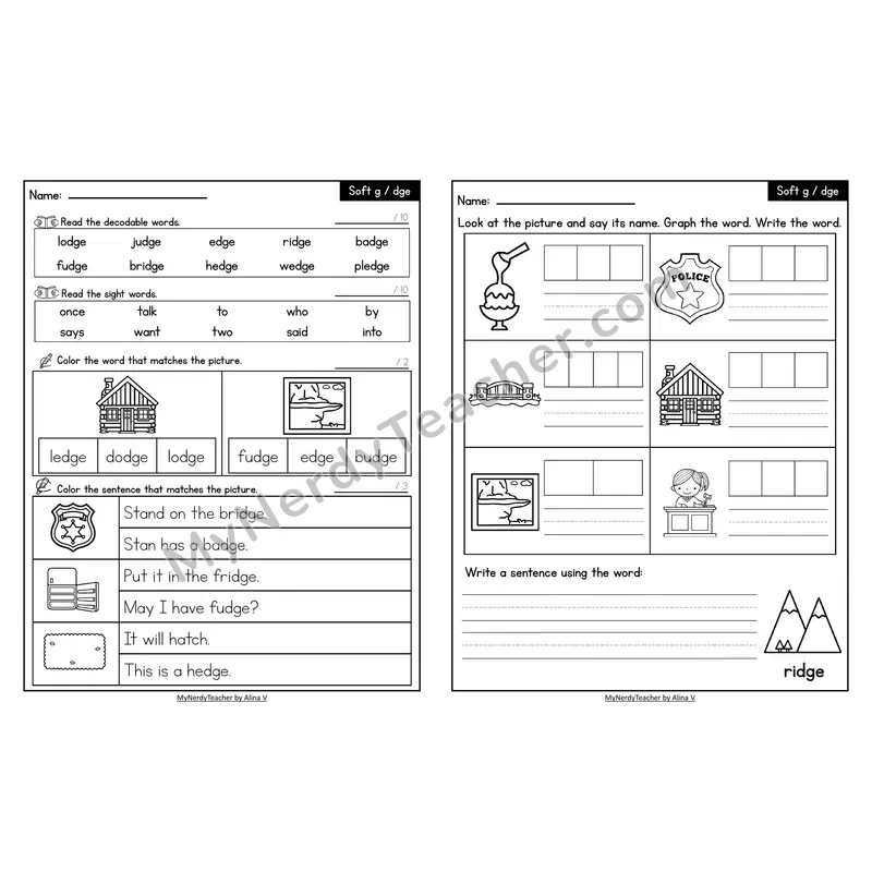 Decodable Look-Alike Words and Sentences Worksheet — dge Trigraph for /j/
