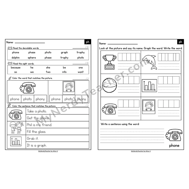 Decodable Look-Alike Words and Sentences Worksheet — ph Digraph for /f/