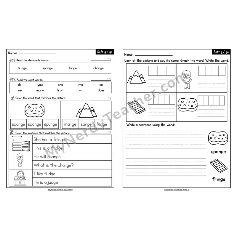 Decodable Look-Alike Words and Sentences Worksheet — Soft g _ge