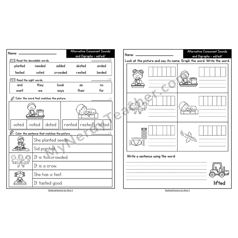 Decodable Look-Alike Words and Sentences Worksheet — -ed Suffix /ed/ Sound