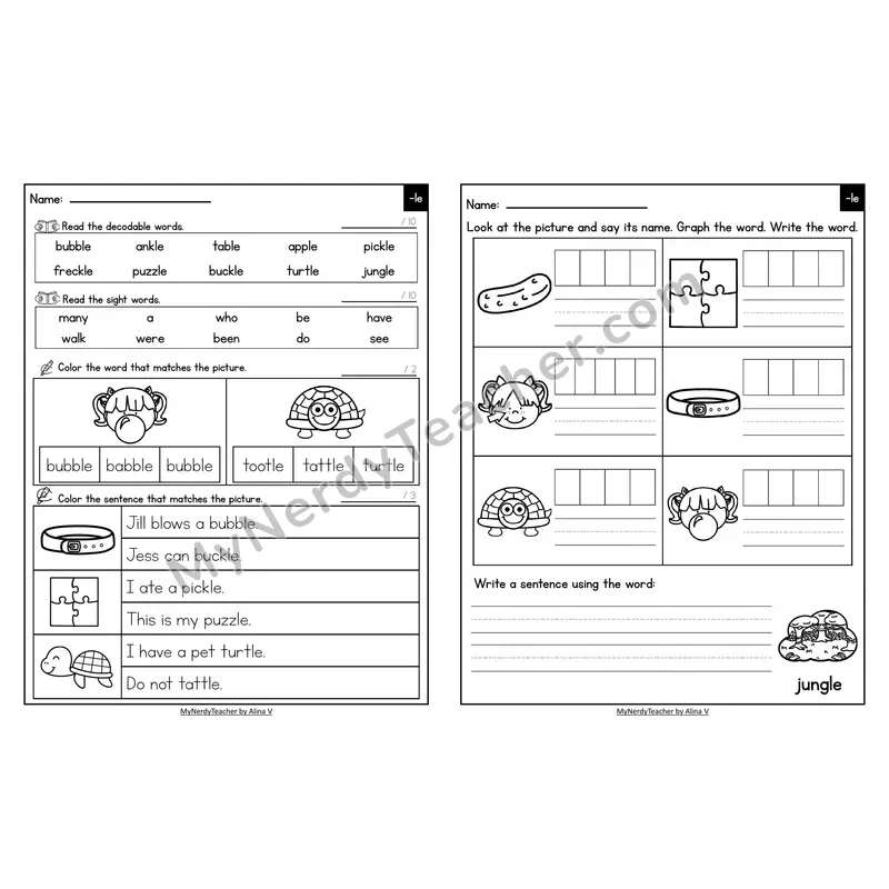 Decodable Look-Alike Words and Sentences Worksheet — Consonant -le Syllable