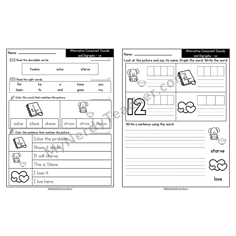Decodable Look-Alike Words and Sentences Worksheet — -ve Word Endings