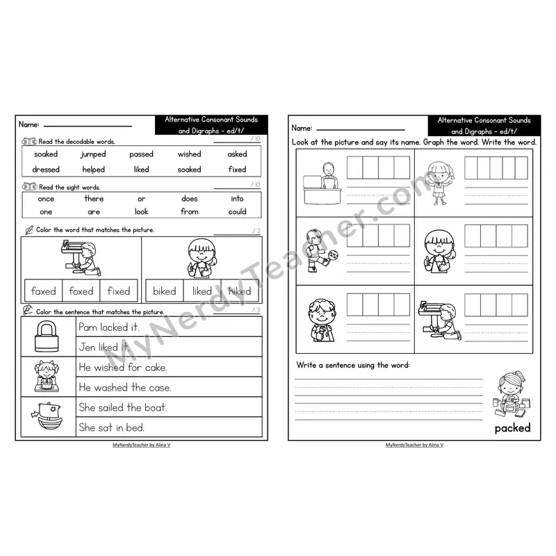 Decodable Look-Alike Words and Sentences Worksheet — -ed Suffix /t/ Sound