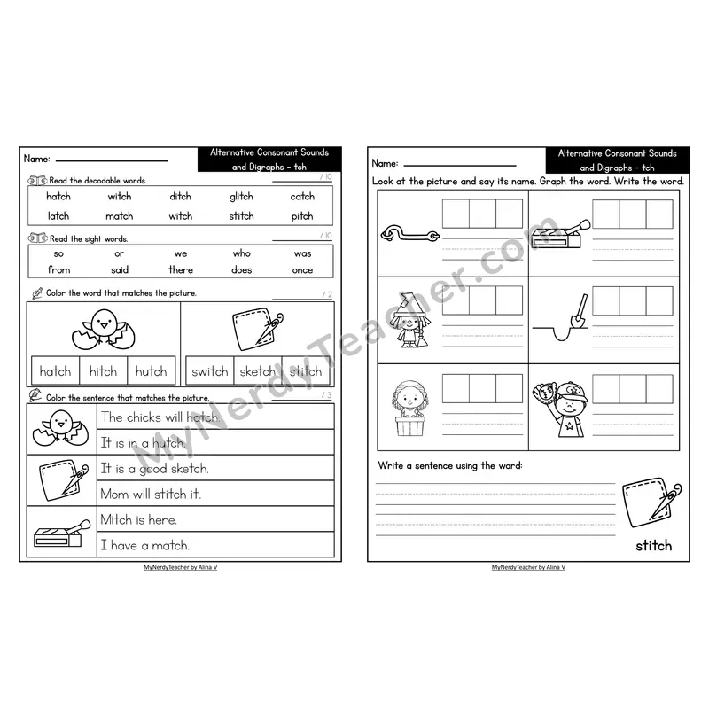 Decodable Look-Alike Words and Sentences Worksheet — tch Trigraph