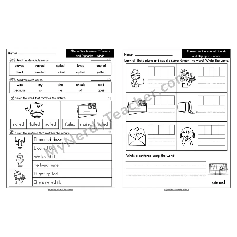 Decodable Look-Alike Words and Sentences Worksheet — -ed Suffix /d/ Sound