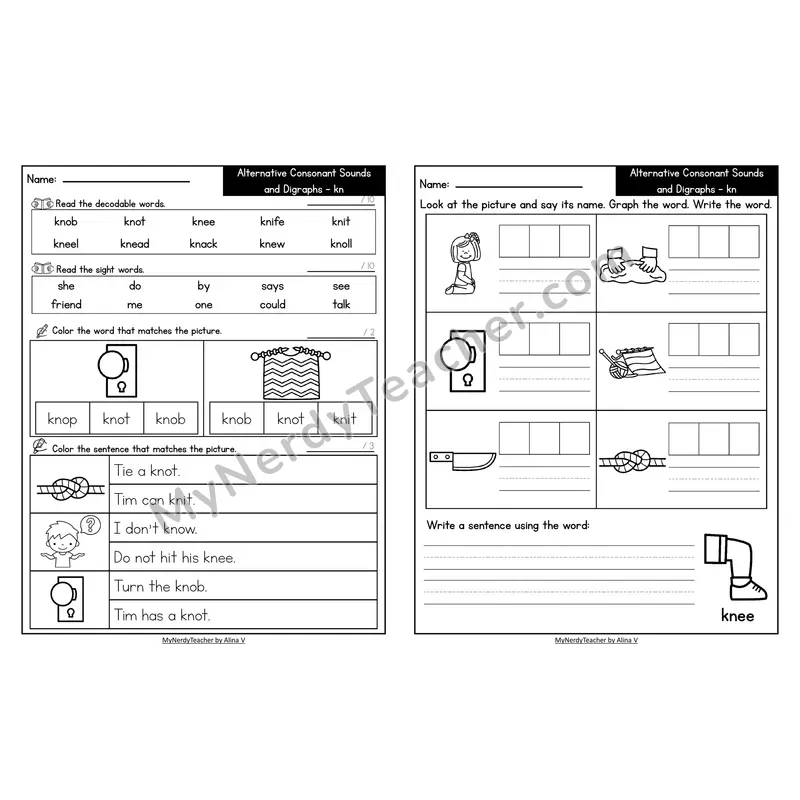 Decodable Look-Alike Words and Sentences Worksheet — kn Silent Letter