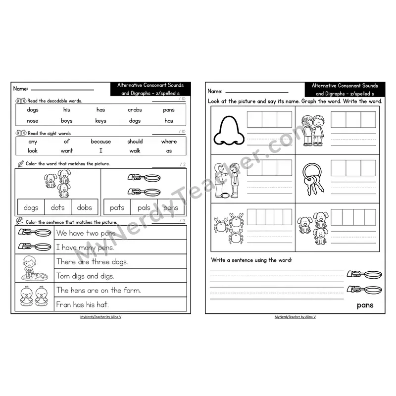 Decodable Look-Alike Words and Sentences Worksheet — -s as /z/ Sound