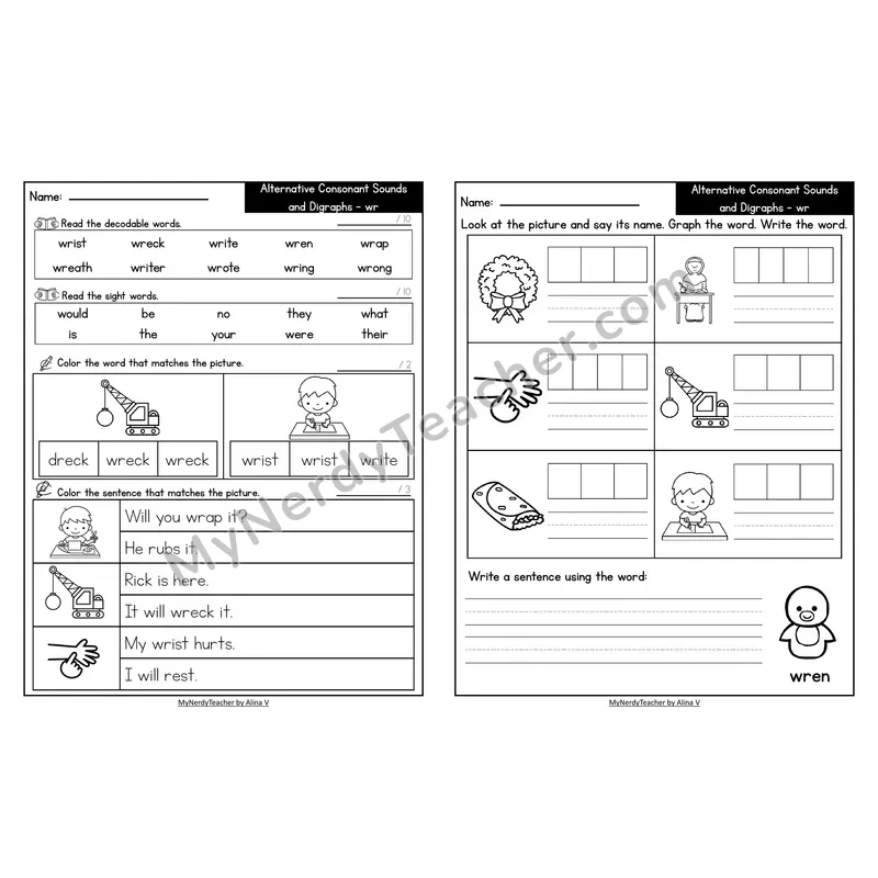 Decodable Look-Alike Words and Sentences Worksheet — wr Silent Letter