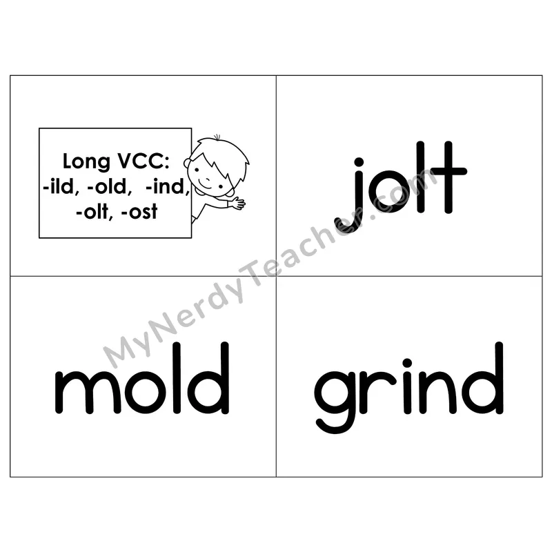 Long VCC (-ild, -old, -ind, -olt, -ost) Phonics Flip Book — B&W