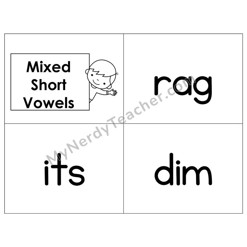 Mixed Short Vowels Phonics Flip Book — B&W