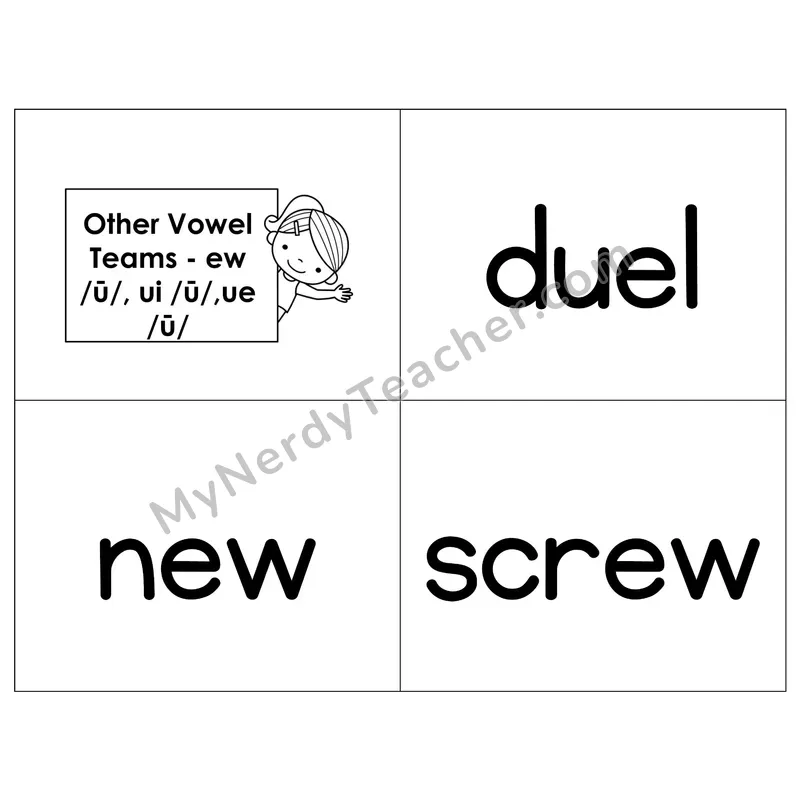 Vowel Teams ew/ui/ue Phonics Flip Book — B&W