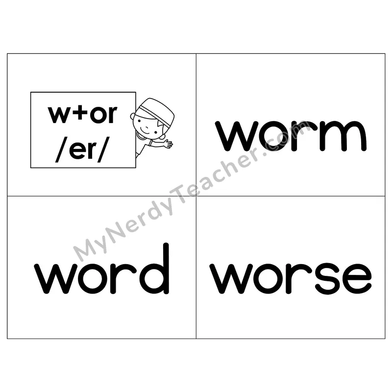 R-Controlled Vowel w+or Phonics Flip Book — B&W