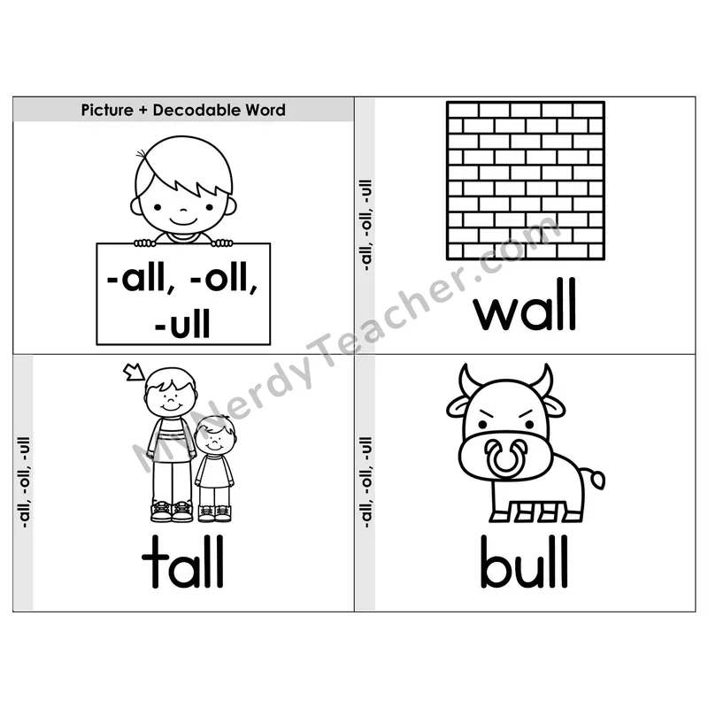 -all, -oll, -ull Word Families Flip Book — Picture & Word — B&W