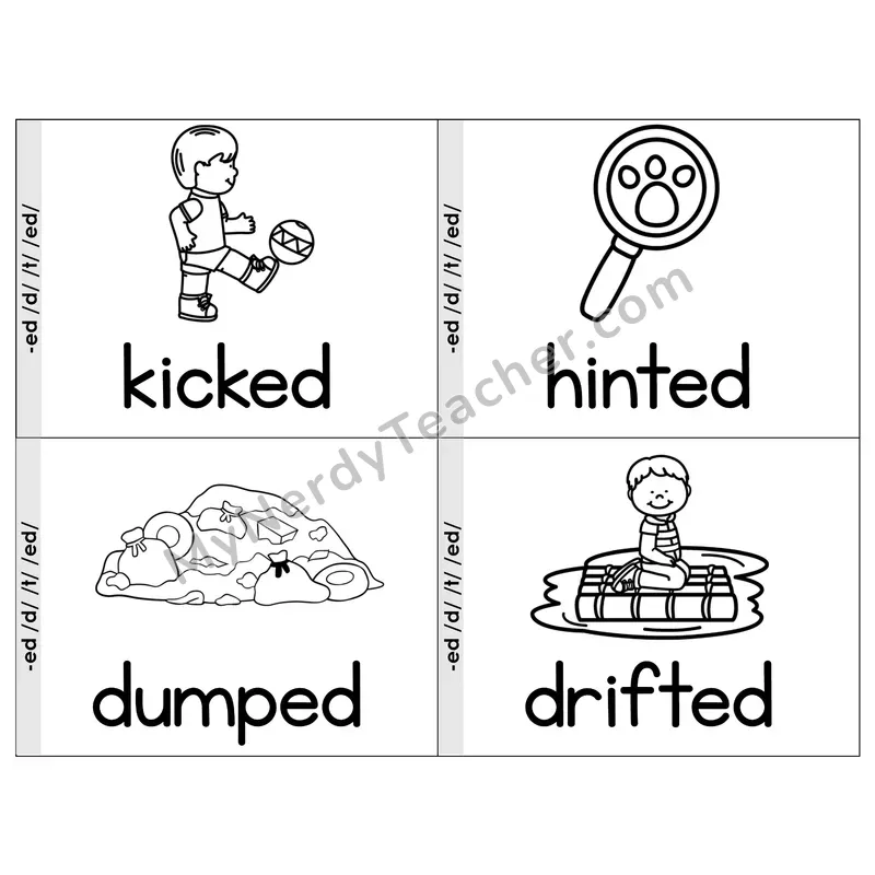Suffix -ed Phonics Flip Book — Picture & Word — B&W