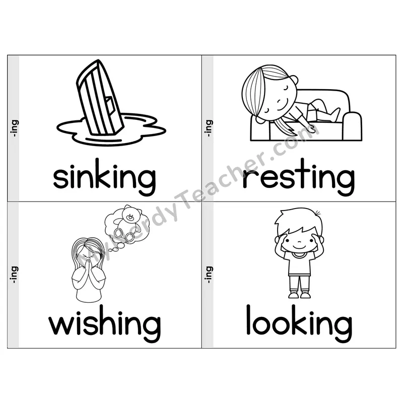 Suffix -ing Phonics Flip Book — Picture & Word — B&W