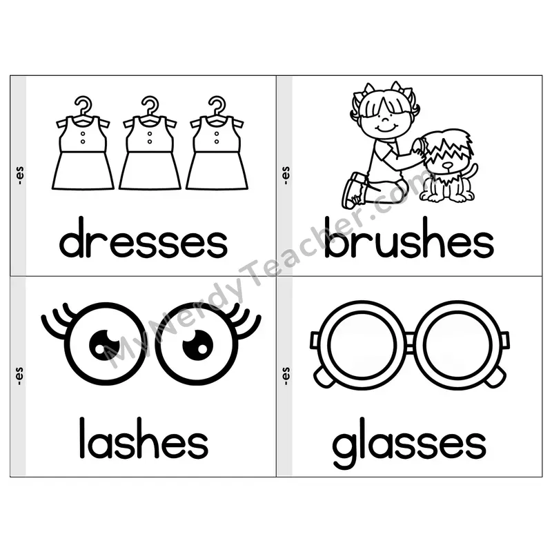 Suffix -es Phonics Flip Book — Picture & Word — B&W