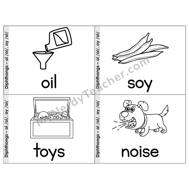 Diphthongs oi/oy Phonics Flip Book — Picture & Word — B&W