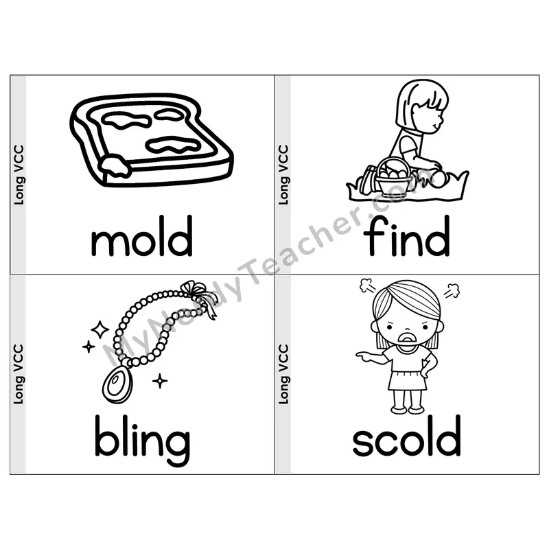 Long VCC (-ild, -old, -ind, -olt, -ost) Phonics Flip Book — Picture & Word — B&W