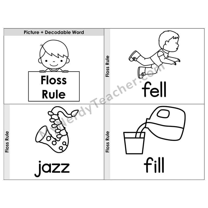 Floss Rule (ff, ll, ss, zz) Phonics Flip Book — Picture & Word — B&W