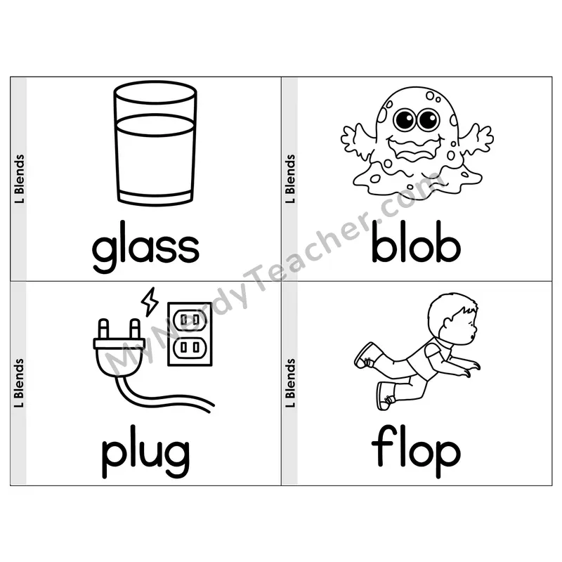 L Blends Phonics Flip Book — Picture & Word — B&W