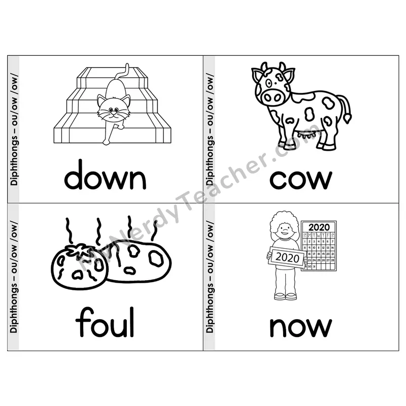 Diphthongs ou/ow Phonics Flip Book — Picture & Word — B&W