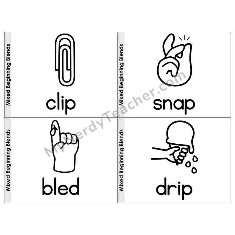 Mixed Beginning Blends Phonics Flip Book — Picture & Word — B&W