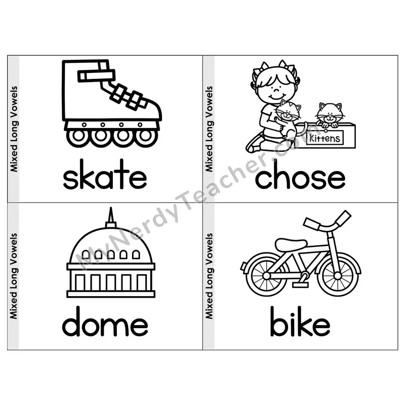 Mixed Long Vowels (VCe) Phonics Flip Book — Picture & Word — B&W