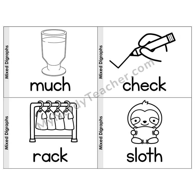 Mixed Digraphs Phonics Flip Book — Picture & Word — B&W