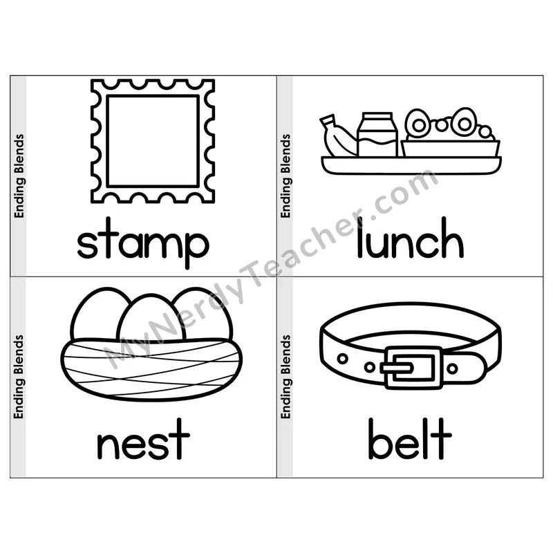 Mixed Ending Blends Phonics Flip Book — Picture & Word — B&W