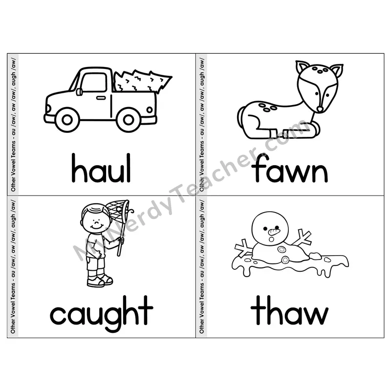 Vowel Teams au/aw/augh Phonics Flip Book — Picture & Word — B&W