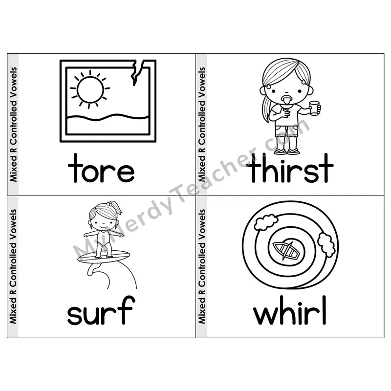 Mixed R-Controlled Vowels Phonics Flip Book — Picture & Word — B&W