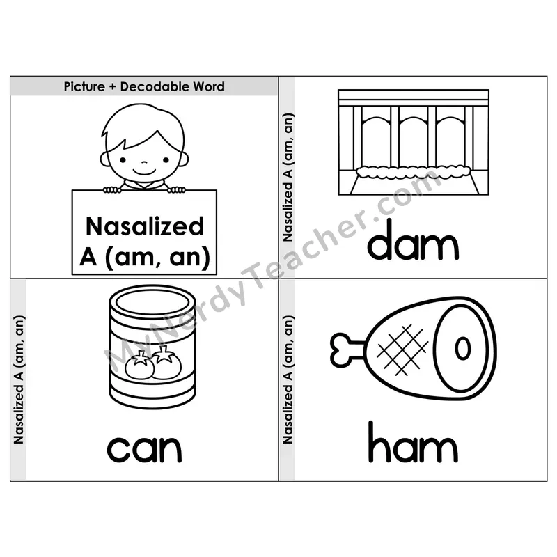 Nasalized A (am, an) Phonics Flip Book — Picture & Word — B&W