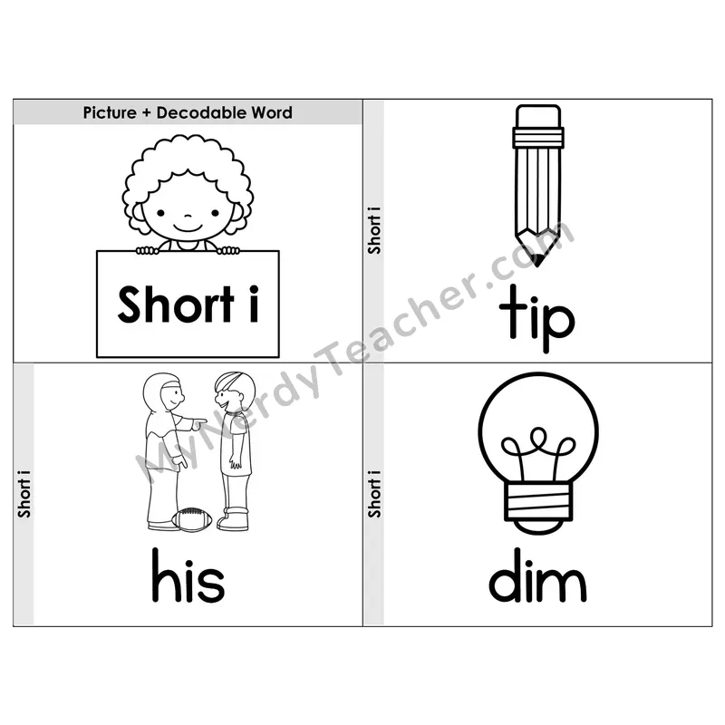Short I CVC Words Phonics Flip Book — Picture & Word — B&W