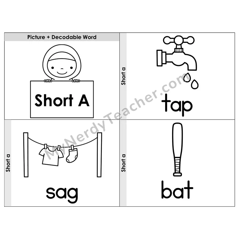 Short A CVC Words Phonics Flip Book — Picture & Word — B&W